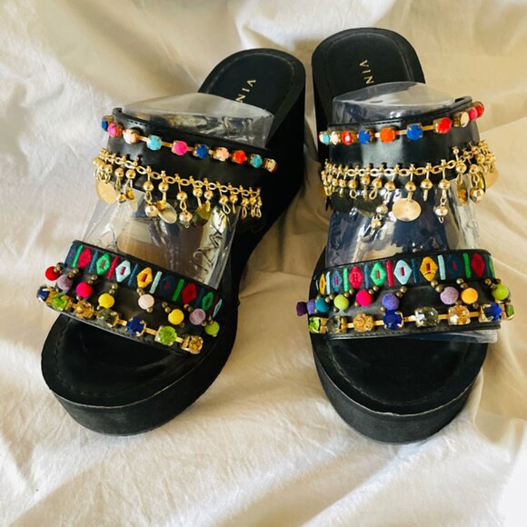 Boho Rhinestone and Beaded Platform Wedge Sandals Size 6 - Picture 3 of 11